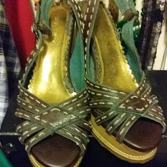 Seychelle Anthropologie wedge brown leather uppers Turquoise Trim shoes - Picture 2 of 8